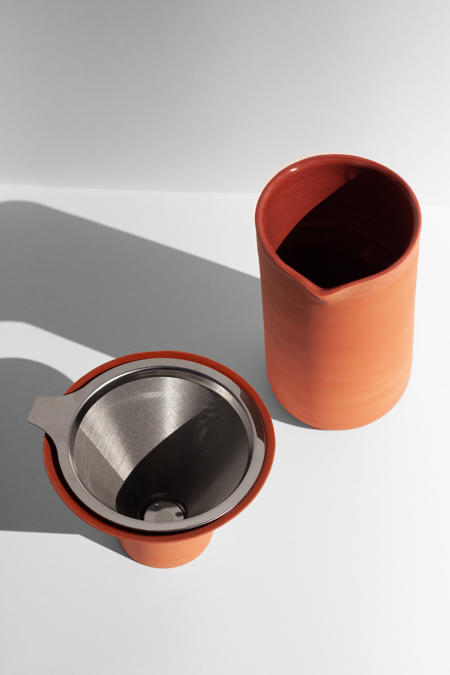 Handmade Terra cotta coffee pour over with stainless steel filter