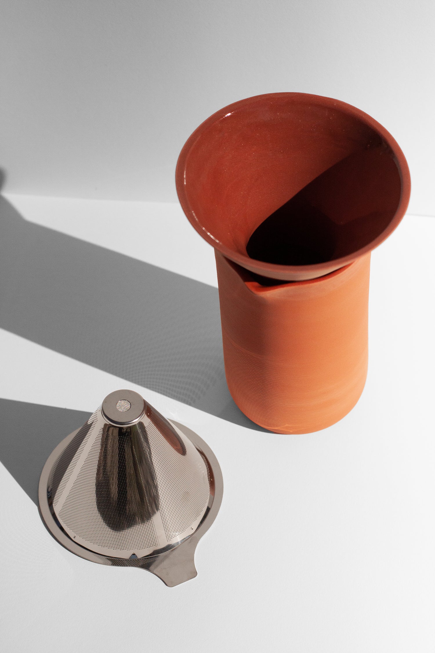Handmade Terra cotta coffee pour over with stainless steel filter