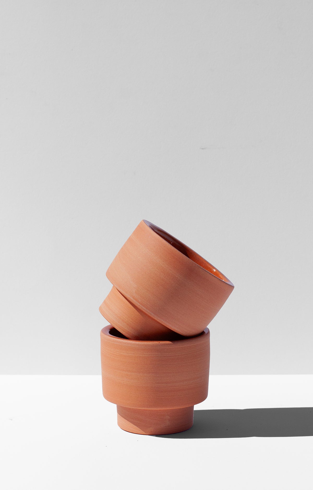 Handmade Small terra cotta cup for espresso or spirits, stackable.