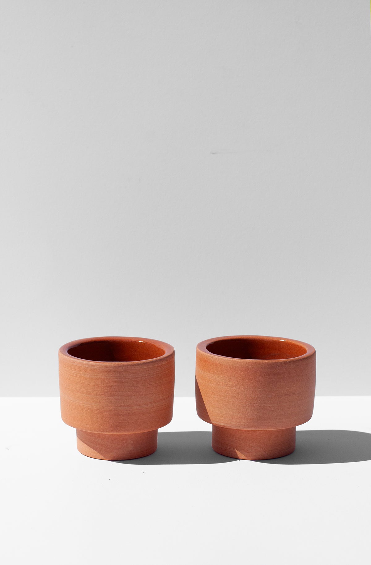 Handmade Small terra cotta cup for espresso or spirits, stackable.